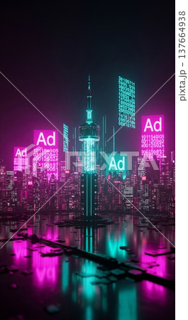 Futuristic Cityscape With Neon Lights and Digital Advertisements 137664938