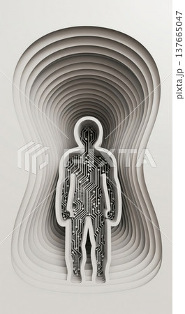 Abstract layered human form circuit board pattern light and shadow 137665047