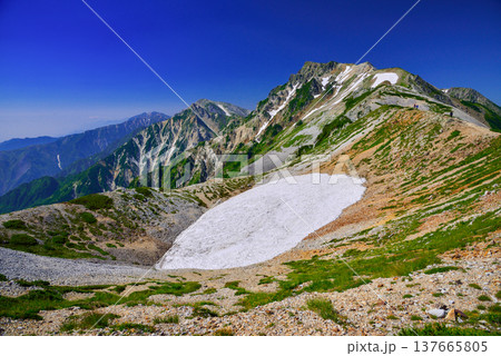 【北アルプス】小蓮華山付近から望む雪渓と白馬岳の絶景 137665805