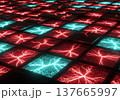 Abstract glowing grid surface with red and cyan energy crackles 137665997