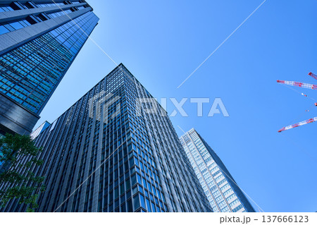 高層ビルを見上げるオフィス街の風景 137666123