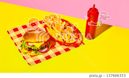 Cheeseburger fries and ketchup with cartoon kids fast food scene Cheeseburger fries and ketchup with cartoon kids fast food scene 137666353