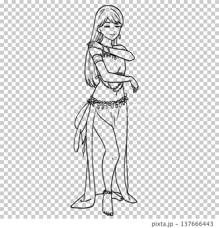 A hand-drawn illustration of a woman standing and performing belly dancing (Oriental dance, traditional costume). A hand-drawn illustration of a woman standing and performing belly dancing (Oriental dance, traditional costume). 137666443