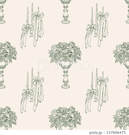 Vintage seamless pattern with candles, bows, and flowers on a beige background. Vector retro background. Outline illustration in Rococo, Baroque, and Victorian styles for weddings, holidays 137666475