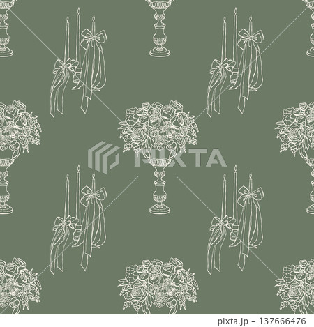 Vintage seamless pattern with candles, bows, and flowers on a green background. Vector retro background. Outline illustration in Rococo, Baroque, and Victorian styles for weddings, holidays 137666476