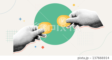 Trendy Halftone Collage style illustration of two hands exchanging dollar and yen gold coins, representing money exchange, currency swap and international finance concept. Trendy Halftone Collage style illustration of two hands exchanging dollar and yen gold coins, representing money exchange, currency swap and international finance concept. 137666914