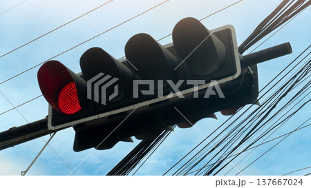 South view of a traffic light panel with a red light attached. Signs on the front and back side by side. Background consists of a tangled network of traffic lights. Under the sky. 137667024