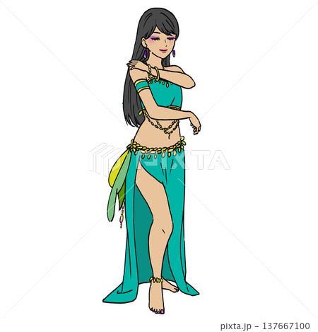 ベリーダンスの衣装を着た女性　ダンサーの立ちポーズの手描きイラスト 137667100