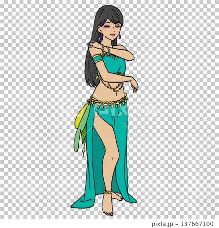 手繪插圖，描繪了一位身穿肚皮舞服裝的女子，擺出站立的舞者姿勢。 137667100