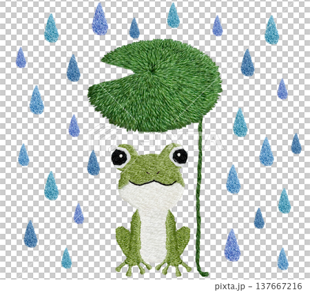 【カエルと葉っぱの傘と雫】手刺繍イラスト素材 137667216