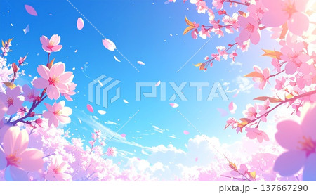桜の花びらが舞う春の背景イラスト 青空と満開の桜 137667290