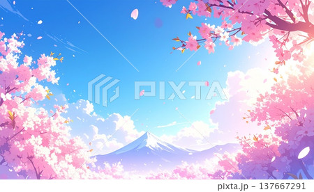 桜の花びらが舞う春の背景イラスト 青空と満開の桜 137667291