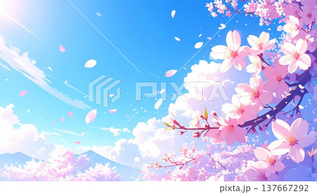 桜の花びらが舞う春の背景イラスト 青空と満開の桜 137667292