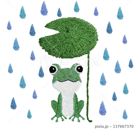 【カエルと葉っぱの傘と雫】手刺繍イラスト素材 137667370