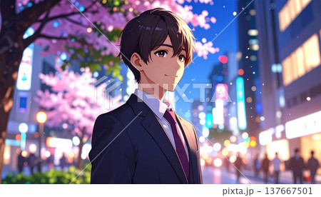 光が反射する街にたつ青年 137667501