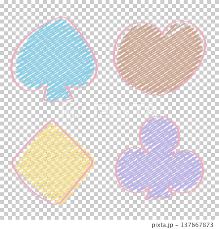 A set of playing card suits in a light-colored sketchbook | Heart, Club, Diamond, and Spade motifs A set of playing card suits in a light-colored sketchbook | Heart, Club, Diamond, and Spade motifs 137667873