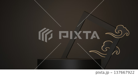 Black and gold two color stage chinaese podium style for products decoration suitable .3D rendering Black and gold two color stage chinaese podium style for products decoration suitable .3D rendering 137667922