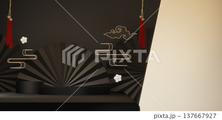 Black and gold two color stage chinaese podium style for products decoration suitable .3D rendering Black and gold two color stage chinaese podium style for products decoration suitable .3D rendering 137667927
