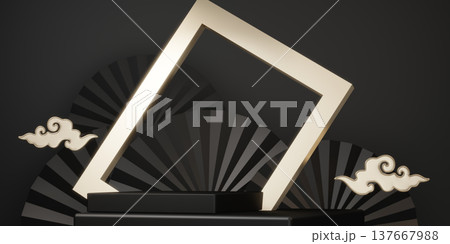 Black and gold two color stage chinaese podium style for products decoration suitable .3D rendering Black and gold two color stage chinaese podium style for products decoration suitable .3D rendering 137667988