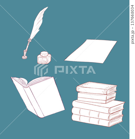 西洋風の筆記用具と本 線画 セット 西洋風の筆記用具と本 線画 セット 137668034