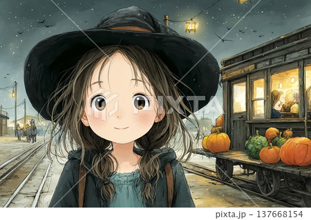 ハロウィンの魔女コスチュームで微笑む少女 秋の街並みイメージのイラスト素材 137668154
