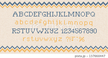 Knitted Alphabet on White Fair Isle Pattern Cozy Winter Font Vector Knitted Alphabet on White Fair Isle Pattern Cozy Winter Font Vector 137668447