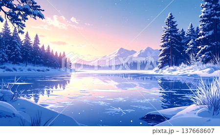 雪景色の湖に映る山々と朝焼けの空が広がる静かな冬の風景 137668607