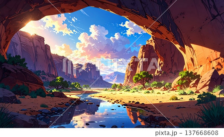 岩のアーチ越しに広がる渓谷と青空を描いた壮大なアニメ風景 137668608