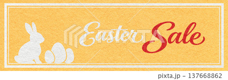 Easter sale website header banner with white bunny and eggs silhouette on yellow textured paper background with calligraphy lettering Easter sale website header banner with white bunny and eggs silhouette on yellow textured paper background with calligraphy lettering 137668862