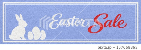 Easter sale website header banner with bunny and eggs silhouette on pastel blue textured paper background with calligraphy lettering Easter sale website header banner with bunny and eggs silhouette on pastel blue textured paper background with calligraphy lettering 137668865