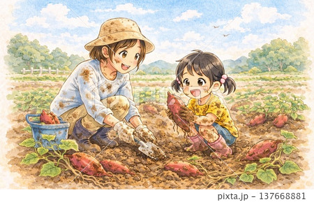 畑で野菜を収穫する親子の楽しい農業体験 137668881