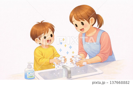 先生と一緒に手洗いをする子どもの衛生習慣 137668882
