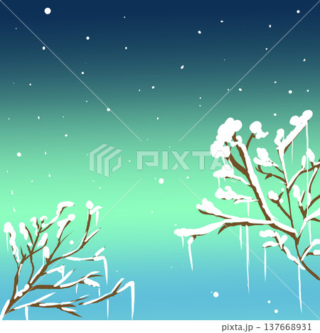 雪の降る冬の夜空と雪化粧した木の枝のイラスト背景1 137668931