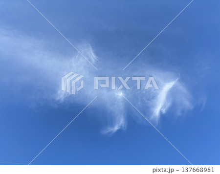 澄み渡る青空に浮かぶ不思議な形の白い雲 澄み渡る青空に浮かぶ不思議な形の白い雲 137668981