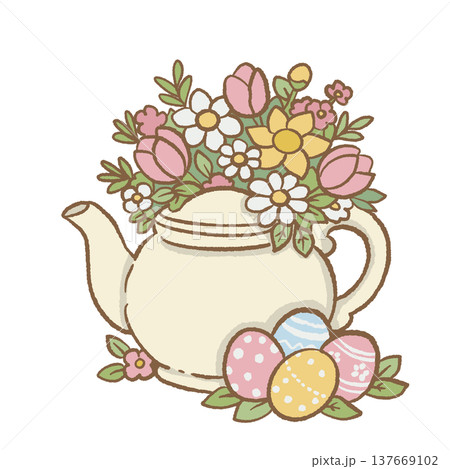 Spring floral teapot with pastel Easter eggs cottagecore tea garden illustration cute Easter decoration clipart for invitations stickers planners Spring floral teapot with pastel Easter eggs cottagecore tea garden illustration cute Easter decoration clipart for invitations stickers planners 137669102