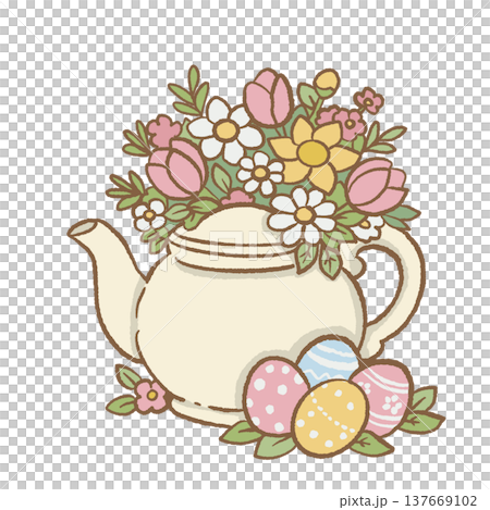 Spring floral teapot with pastel Easter eggs cottagecore tea garden illustration cute Easter decoration clipart for invitations stickers planners Spring floral teapot with pastel Easter eggs cottagecore tea garden illustration cute Easter decoration clipart for invitations stickers planners 137669102