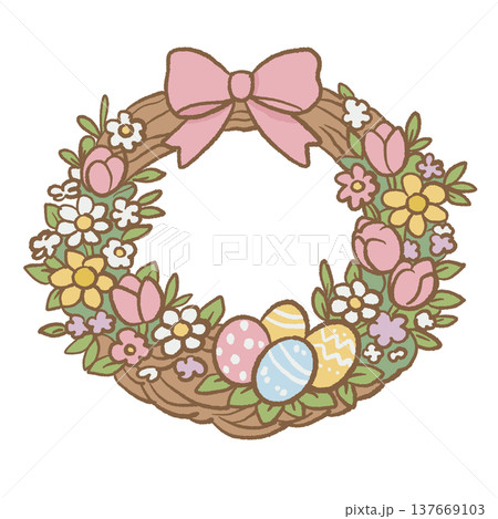 Spring floral wreath with bow pastel Easter eggs and flowers cottagecore Easter wreath illustration cute spring decoration clipart for invitations cards Spring floral wreath with bow pastel Easter eggs and flowers cottagecore Easter wreath illustration cute spring decoration clipart for invitations cards 137669103