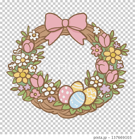 Spring floral wreath with bow pastel Easter eggs and flowers cottagecore Easter wreath illustration cute spring decoration clipart for invitations cards Spring floral wreath with bow pastel Easter eggs and flowers cottagecore Easter wreath illustration cute spring decoration clipart for invitations cards 137669103