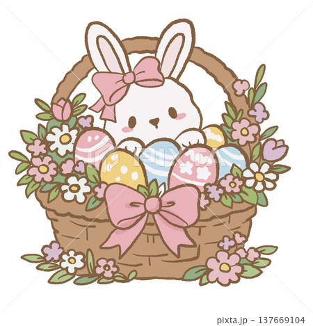 Cute bunny sitting in Easter basket with pastel eggs flowers and bow kawaii Easter bunny illustration cottagecore spring decoration clipart Cute bunny sitting in Easter basket with pastel eggs flowers and bow kawaii Easter bunny illustration cottagecore spring decoration clipart 137669104