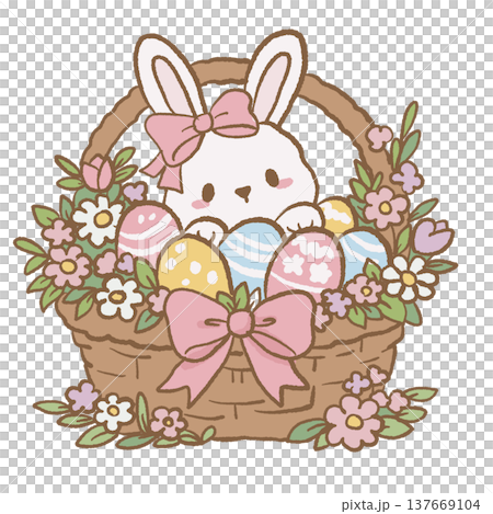 Cute bunny sitting in Easter basket with pastel eggs flowers and bow kawaii Easter bunny illustration cottagecore spring decoration clipart Cute bunny sitting in Easter basket with pastel eggs flowers and bow kawaii Easter bunny illustration cottagecore spring decoration clipart 137669104