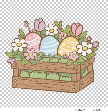 Rustic wooden crate filled with decorated Easter eggs tulips and spring flowers cottagecore Easter garden illustration cute spring clipart for cards stickers Rustic wooden crate filled with decorated Easter eggs tulips and spring flowers cottagecore Easter garden illustration cute spring clipart for cards stickers 137669106