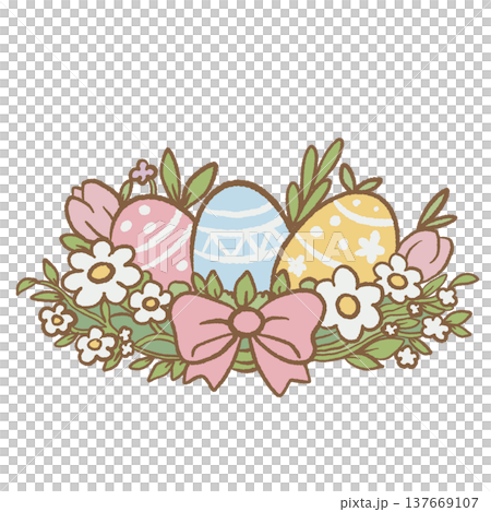 Decorated Easter eggs with spring flowers and ribbon cute spring floral arrangement illustration Easter decoration clipart for greeting cards invitations and stickers Decorated Easter eggs with spring flowers and ribbon cute spring floral arrangement illustration Easter decoration clipart for greeting cards invitations and stickers 137669107
