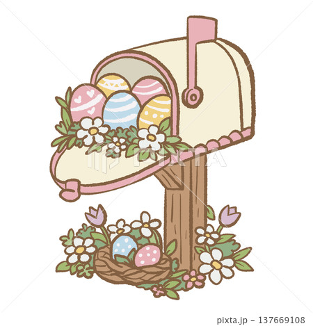 Cute Easter mailbox filled with decorated eggs spring garden illustration cottagecore Easter decoration clipart for greeting cards invitations stickers and planners Cute Easter mailbox filled with decorated eggs spring garden illustration cottagecore Easter decoration clipart for greeting cards invitations stickers and planners 137669108