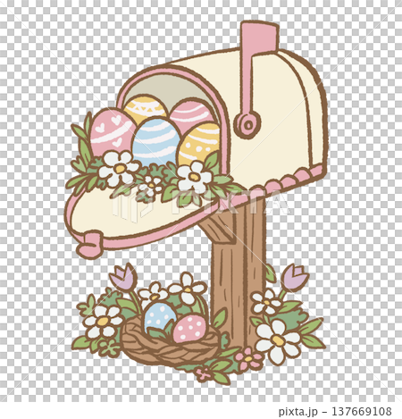 Cute Easter mailbox filled with decorated eggs spring garden illustration cottagecore Easter decoration clipart for greeting cards invitations stickers and planners Cute Easter mailbox filled with decorated eggs spring garden illustration cottagecore Easter decoration clipart for greeting cards invitations stickers and planners 137669108
