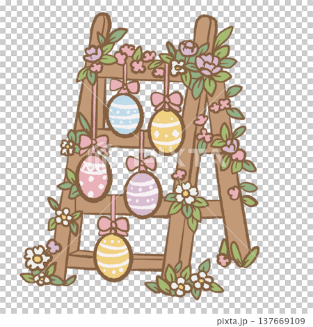 Rustic wooden ladder decorated with hanging Easter eggs flowers and bows spring Easter illustration cottagecore decoration clipart for cards invitations and stickers Rustic wooden ladder decorated with hanging Easter eggs flowers and bows spring Easter illustration cottagecore decoration clipart for cards invitations and stickers 137669109