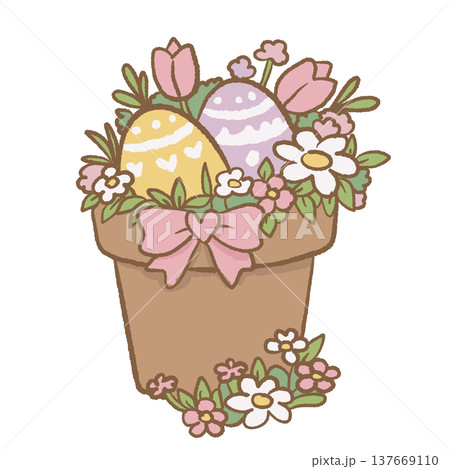 Spring flower pot with decorated Easter eggs pastel flowers and bow cute Easter garden illustration cottagecore spring decoration clipart for stickers Spring flower pot with decorated Easter eggs pastel flowers and bow cute Easter garden illustration cottagecore spring decoration clipart for stickers 137669110