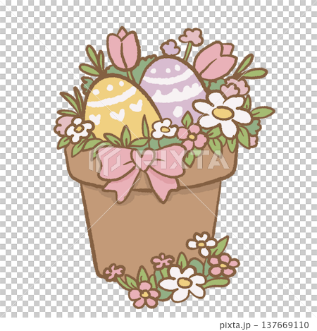 Spring flower pot with decorated Easter eggs pastel flowers and bow cute Easter garden illustration cottagecore spring decoration clipart for stickers Spring flower pot with decorated Easter eggs pastel flowers and bow cute Easter garden illustration cottagecore spring decoration clipart for stickers 137669110