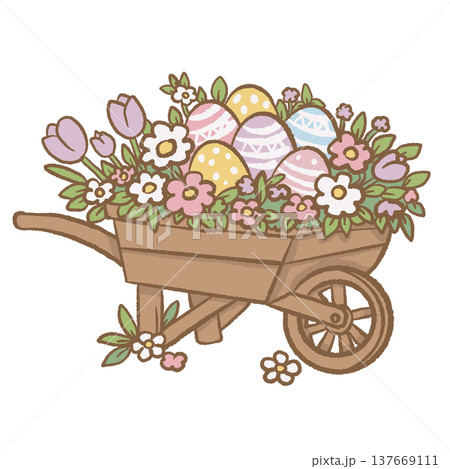 Rustic garden wheelbarrow filled with pastel Easter eggs tulips and spring flowers cottagecore Easter garden illustration cute spring clipart Rustic garden wheelbarrow filled with pastel Easter eggs tulips and spring flowers cottagecore Easter garden illustration cute spring clipart 137669111