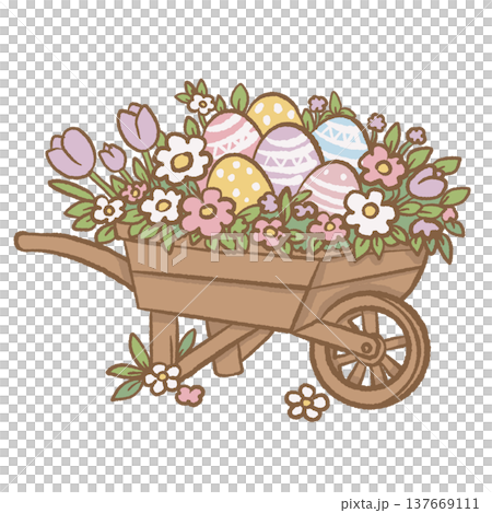 Rustic garden wheelbarrow filled with pastel Easter eggs tulips and spring flowers cottagecore Easter garden illustration cute spring clipart Rustic garden wheelbarrow filled with pastel Easter eggs tulips and spring flowers cottagecore Easter garden illustration cute spring clipart 137669111