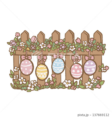 Spring wooden picket fence decorated with hanging Easter eggs bows and flowers cute cottagecore Easter garden illustration clipart for invitations 137669112